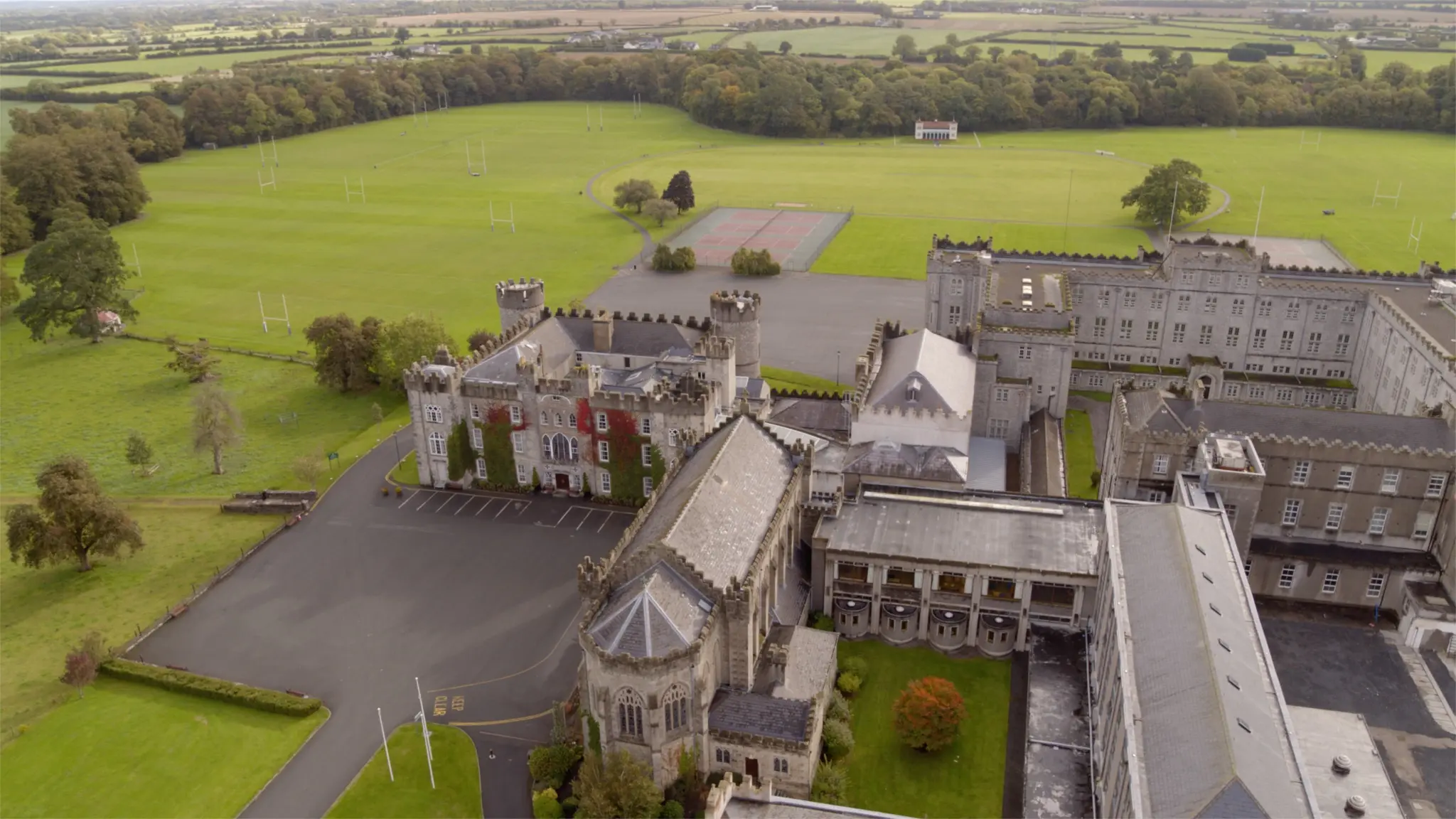 Aerial view across the historic buildings and grounds of Clongowes Wood College