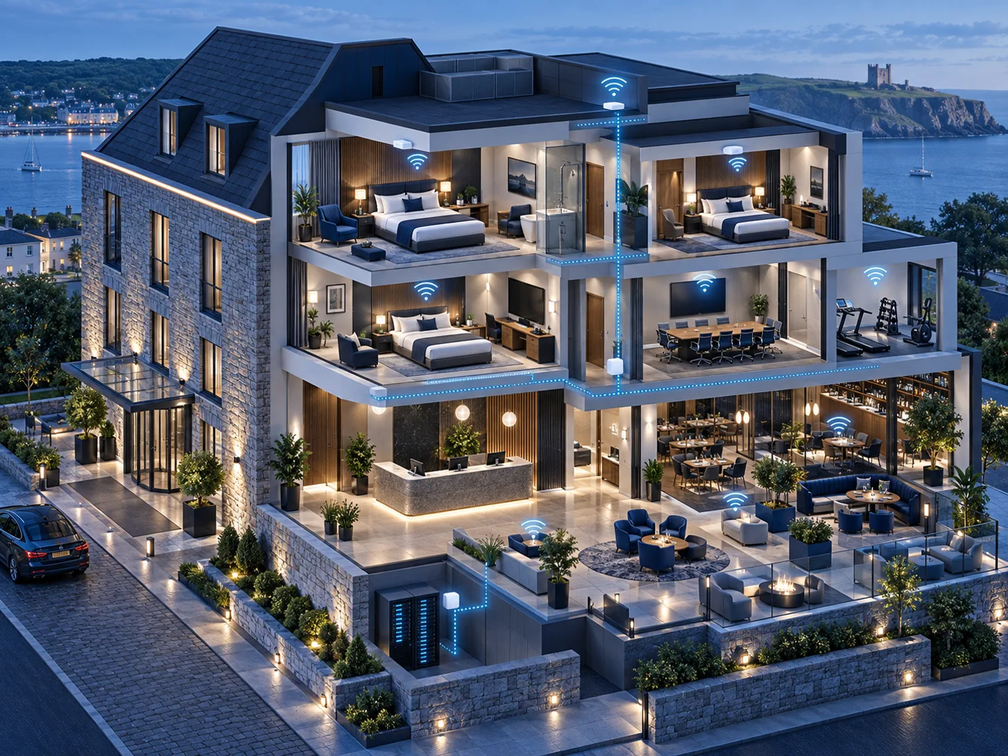 Connected hotel with managed WiFi across guest rooms, reception and hospitality spaces